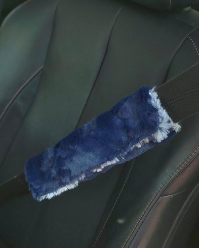 2 Seatbelt Covers - Navy Embossed Paws and Icy Morn Wild Rabbit